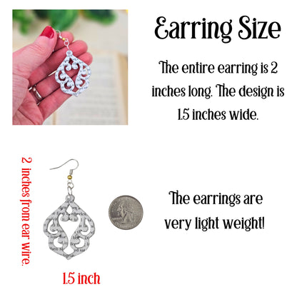 earrings measure 2 inches long by 1.5 inches wide
