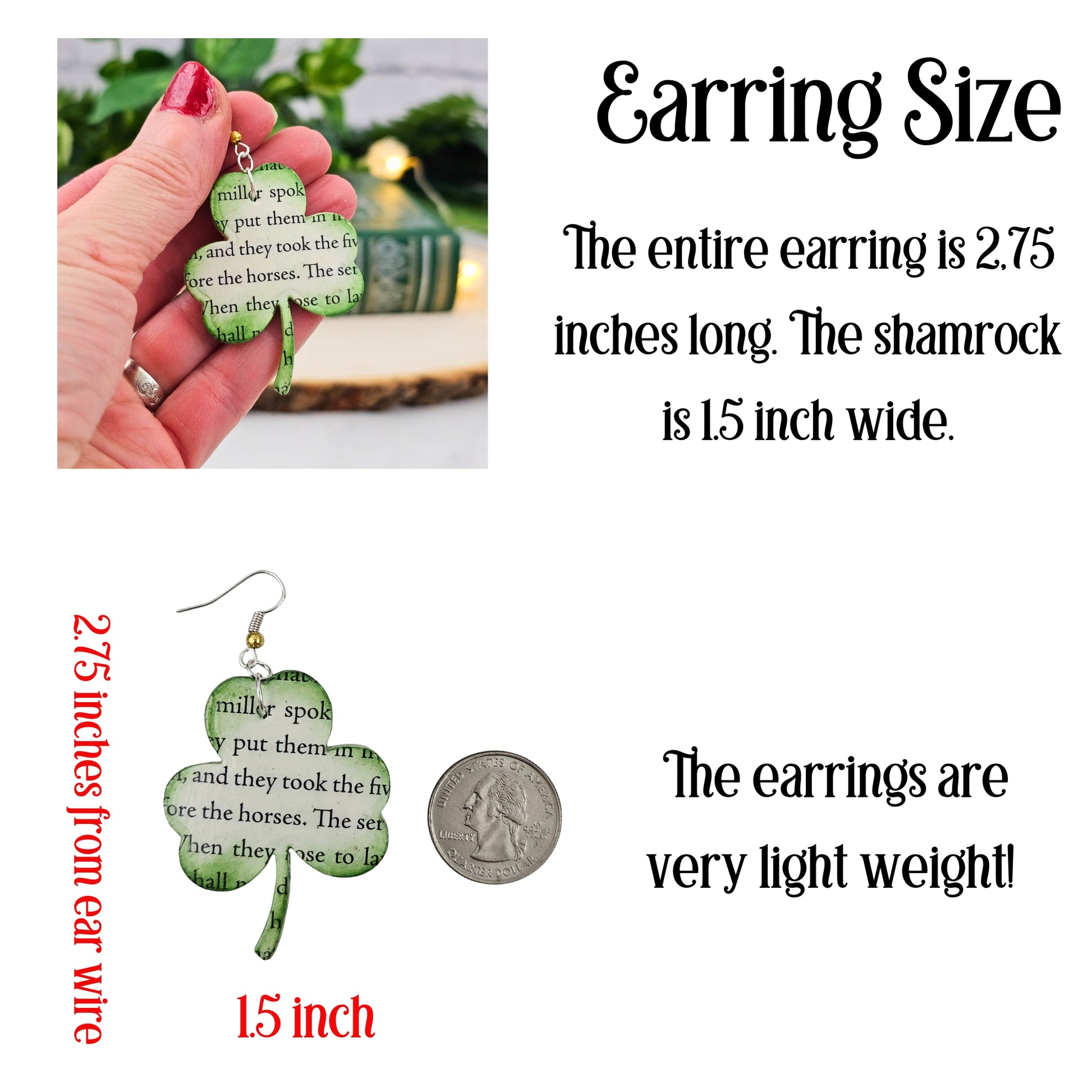 close up of earrings; 2.75 inches long by 1.5 inches wide
