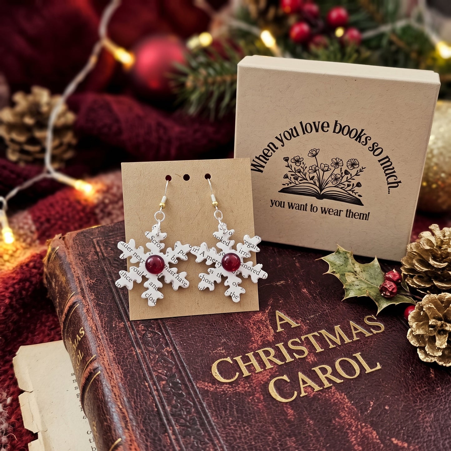 A Christmas Carol Snowflake Earrings | Book Page Jewelry | Literary Christmas Gift