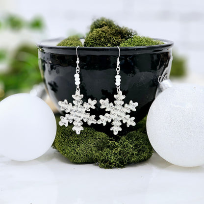 Book Page snowflake earrings with glass seed beads.  Made from A Christmas Carol by Charles Dickens