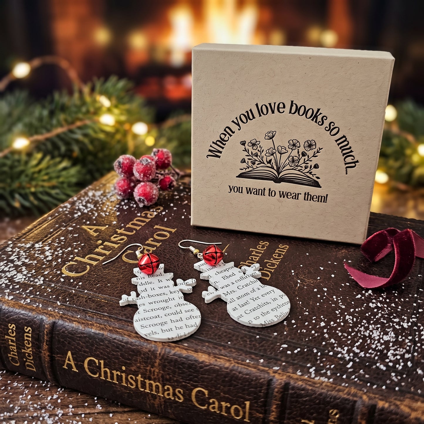 A Christmas Carol Snowman Book Page Earrings