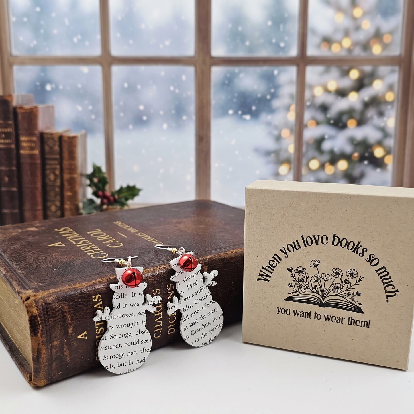 A Christmas Carol Snowman Book Page Earrings