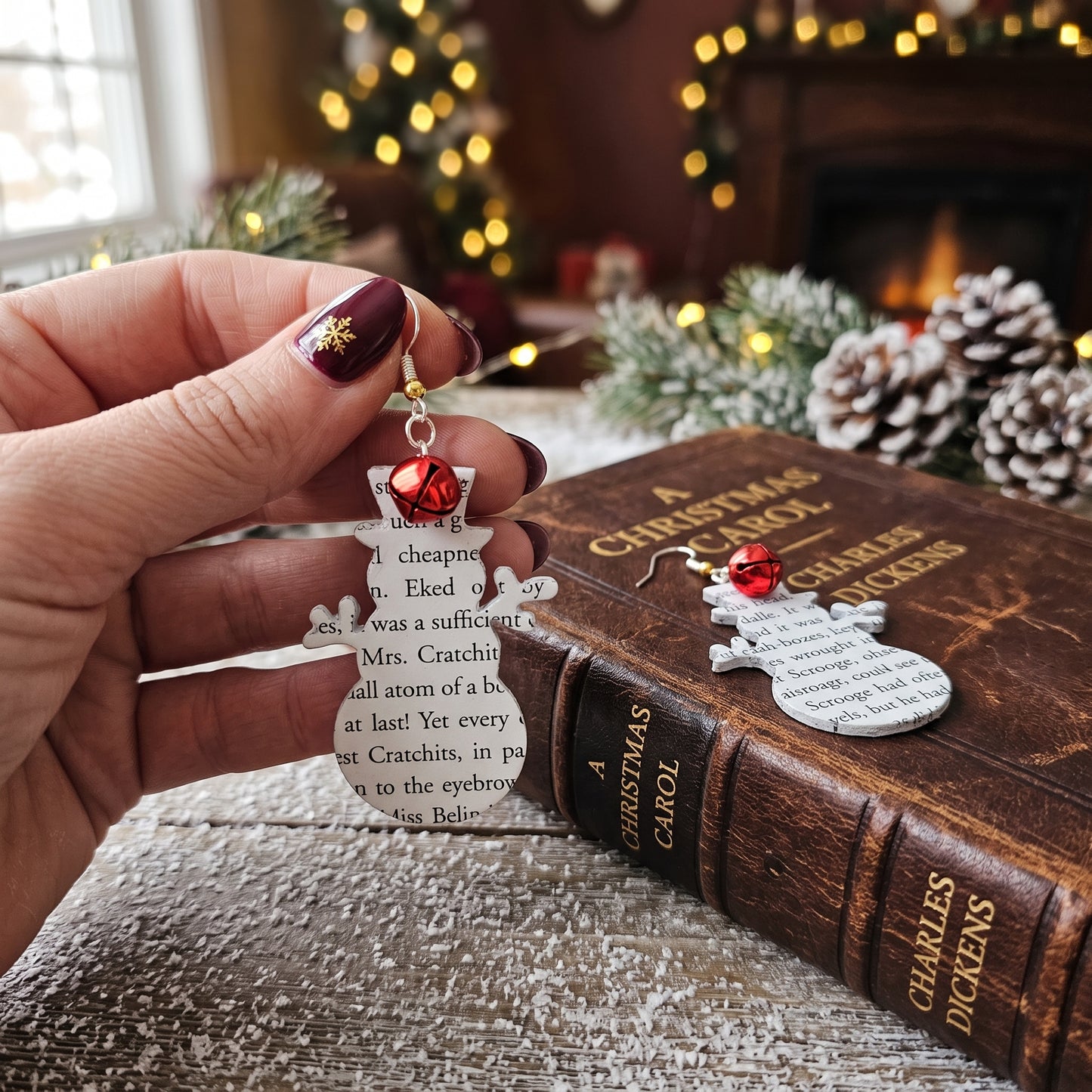 A Christmas Carol Snowman Book Page Earrings