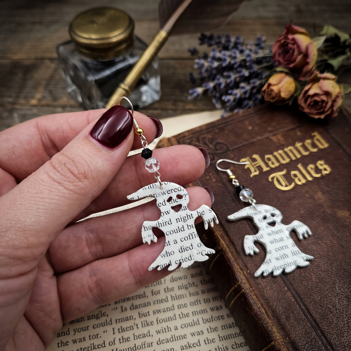 Ghost Book Page Earrings | Halloween Literary Jewelry for Book Lovers