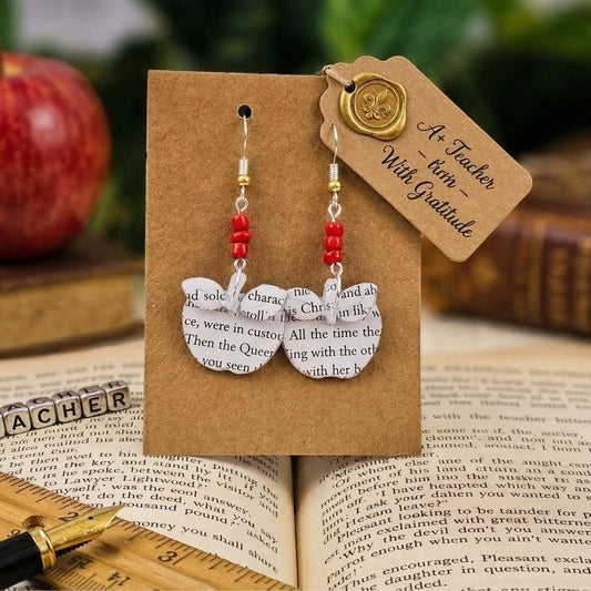book page apple dangle earrings with 3 glass red seed beads, sterling silver or silver plated ear wire
