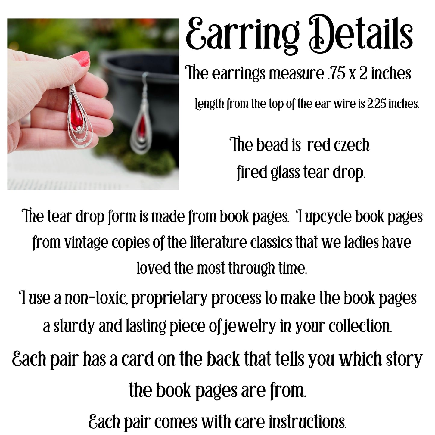 Teardrop earrings; 2 inches long by .75 inches wide, red czech glass tear drop bead