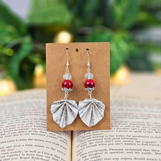 Handmade origami book page dangle earrings with red jade and crystal beads, literary Jewelry gift for book lovers and teachers.