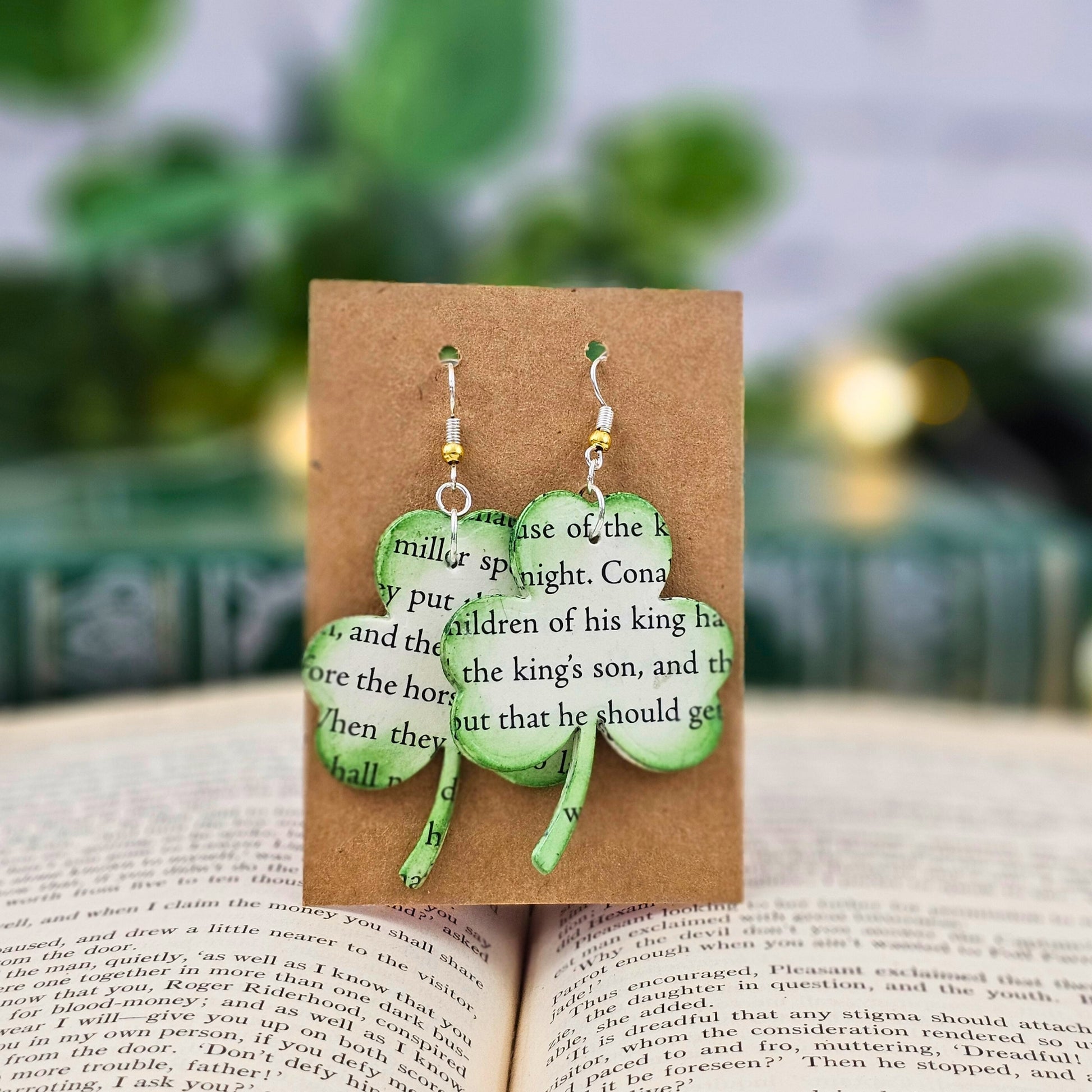 literary earrings in the shape of a shamrock made from irish folk tales

