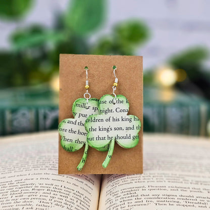 literary earrings in the shape of a shamrock made from irish folk tales
