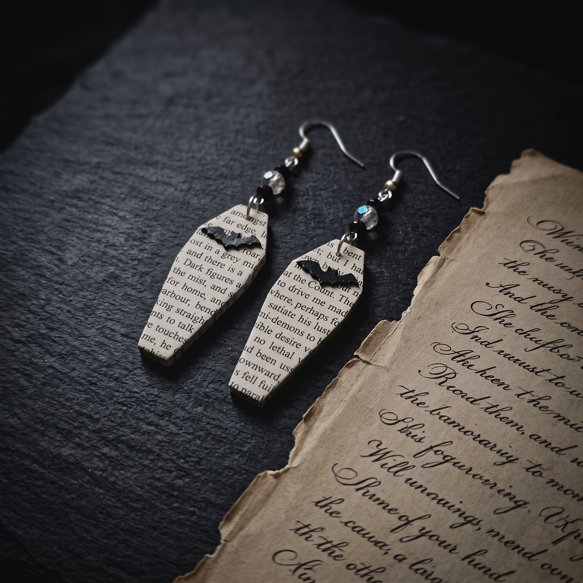 Coffin Book Page Earrings | Gothic Dark Academia Jewelry for Book Lovers