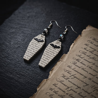 Coffin Book Page Earrings | Gothic Dark Academia Jewelry for Book Lovers