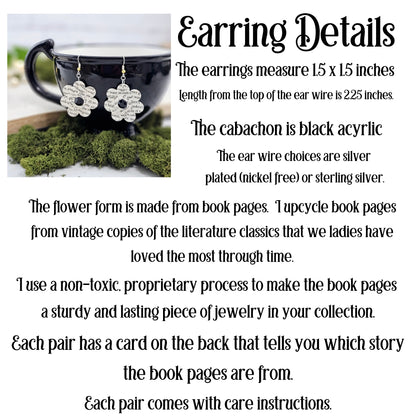 The earrings meaure 1.5x1.5 inches.  The cabachon is black acyrlic  The ear wire choices are silver plated or sterling silver.