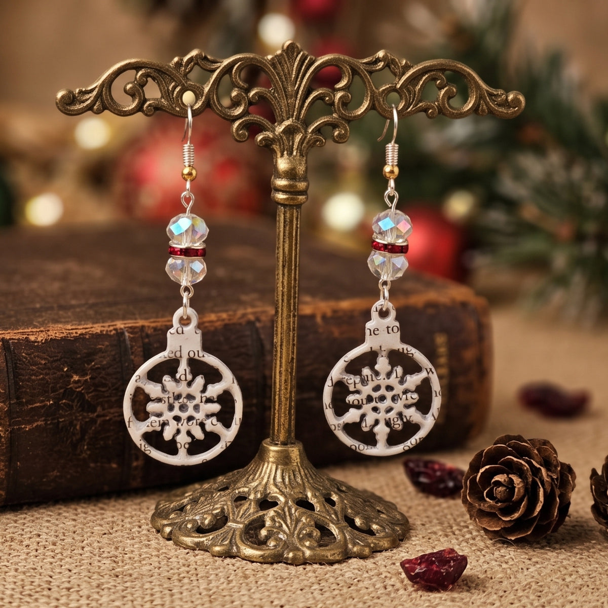 A Christmas Carol Snowflake Book Page Earrings with Glass Bead Accents