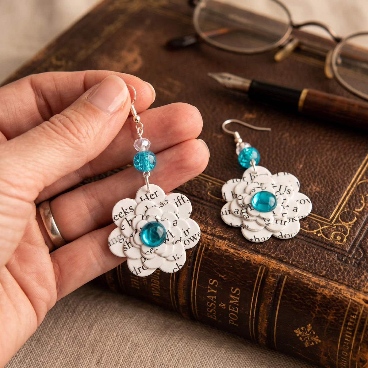 Upcycled Book Page Flower Earrings with Turquoise Glass Beads
