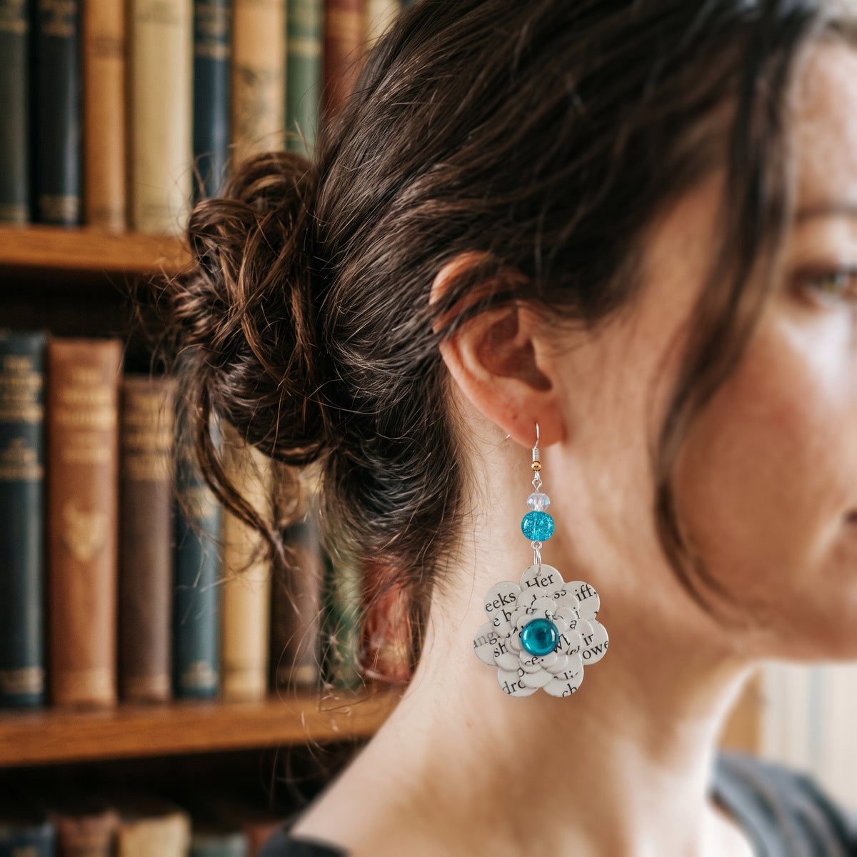 Upcycled Book Page Flower Earrings with Turquoise Glass Beads