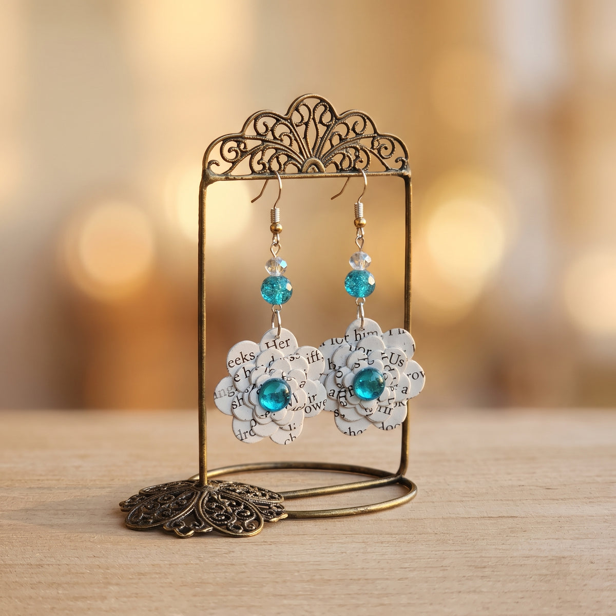 Upcycled Book Page Flower Earrings with Turquoise Glass Beads