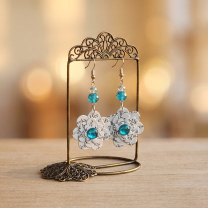 Upcycled Book Page Flower Earrings with Turquoise Glass Beads