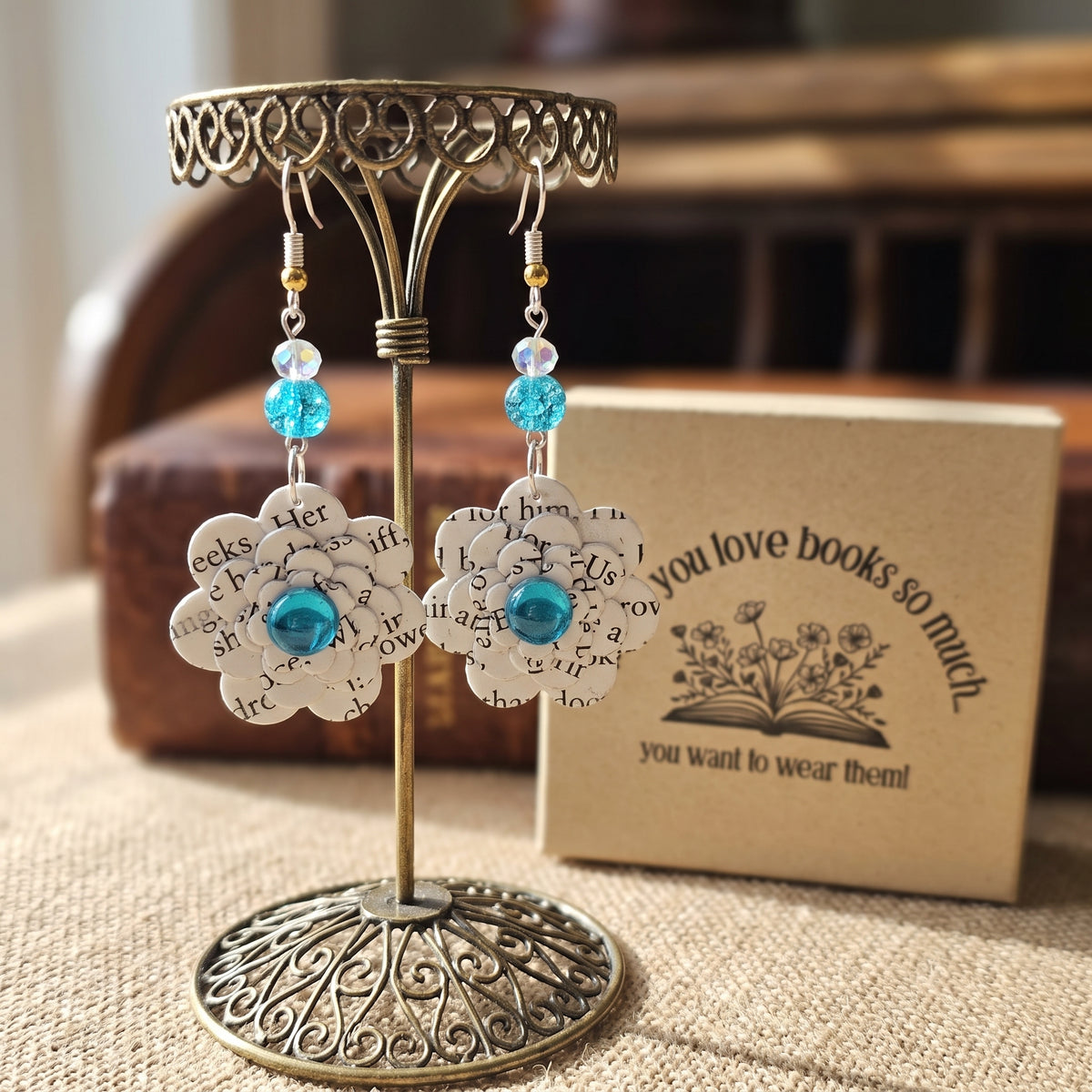 Upcycled Book Page Flower Earrings with Turquoise Glass Beads
