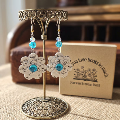 Upcycled Book Page Flower Earrings with Turquoise Glass Beads