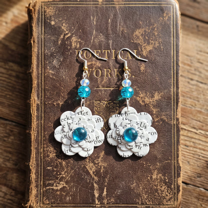 Upcycled Book Page Flower Earrings with Turquoise Glass Beads