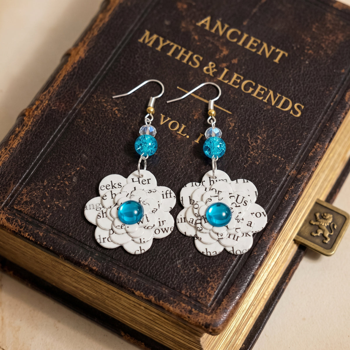 Upcycled Book Page Flower Earrings with Turquoise Glass Beads