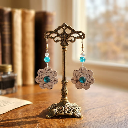 Upcycled Book Page Flower Earrings with Turquoise Glass Beads