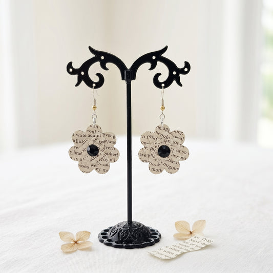 Black Flower Book Page Earrings | Literary Dangle Earrings for Book Lovers