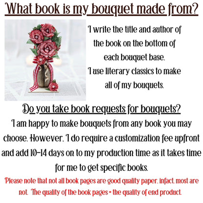 9 inch tall book page flower bouquet, the roses are stained red.  The vase is made from book pages .  The entire piece sits on a base made from the book cover.