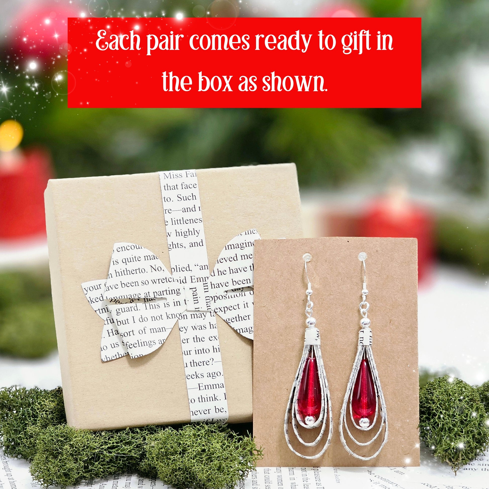 Book themed dangle earrings in gift-ready packaging box