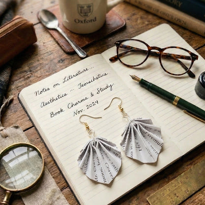 close up of book page earrings