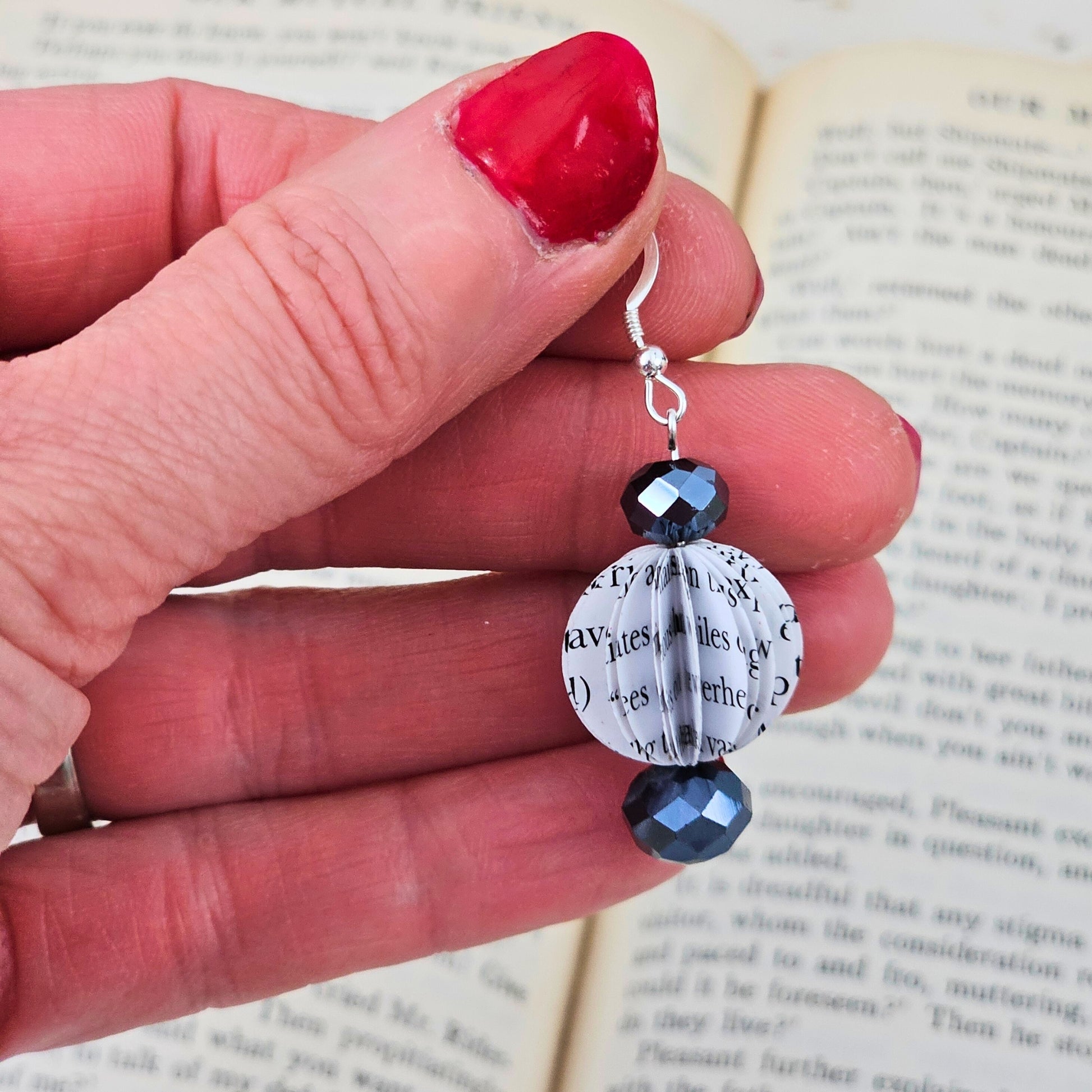 Bookish fashion earrings made from upcycled vintage book pages