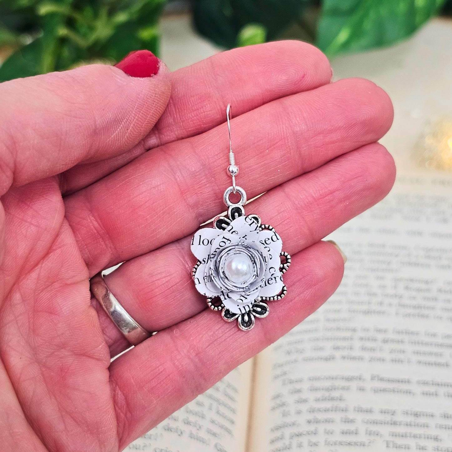 Floral Book Page Earrings | Literary Dangle Earrings for Book Lovers