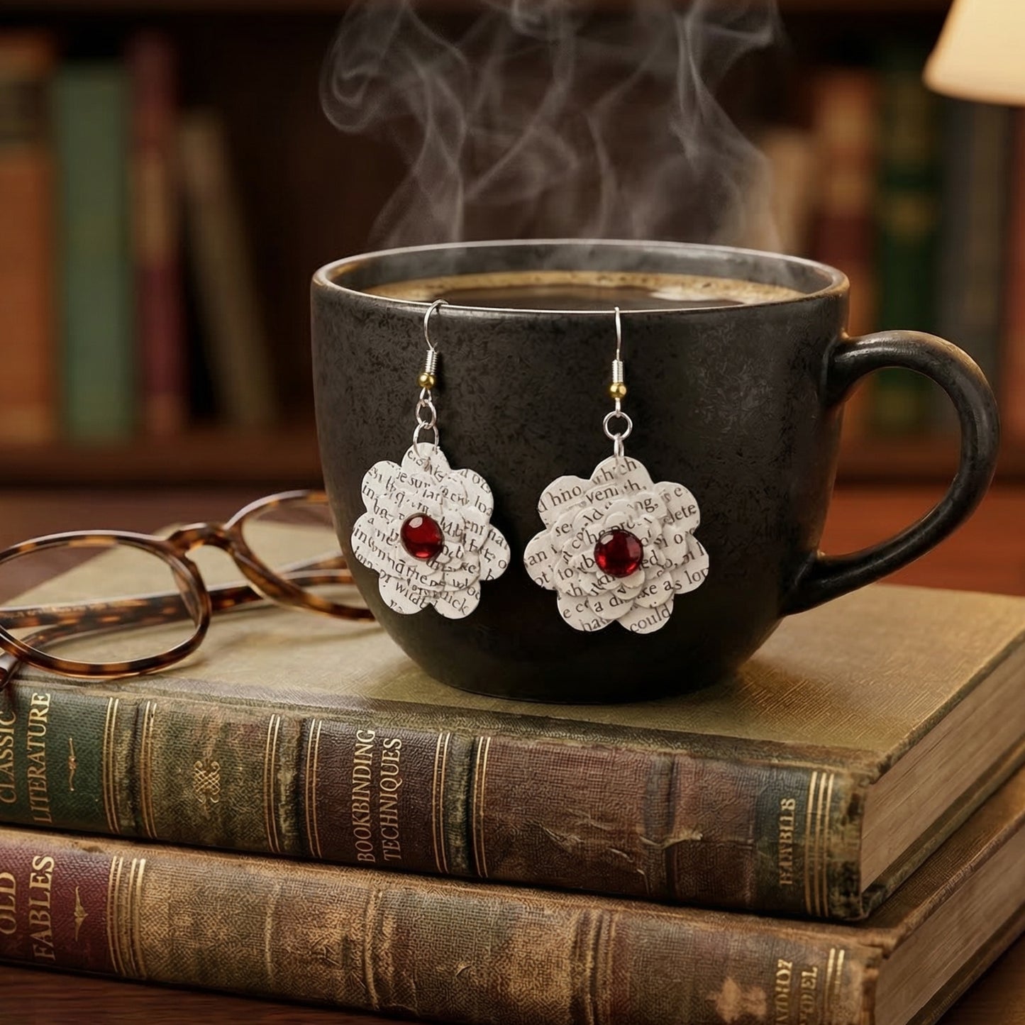close up of book page floral earrings with read acrylic cabachon