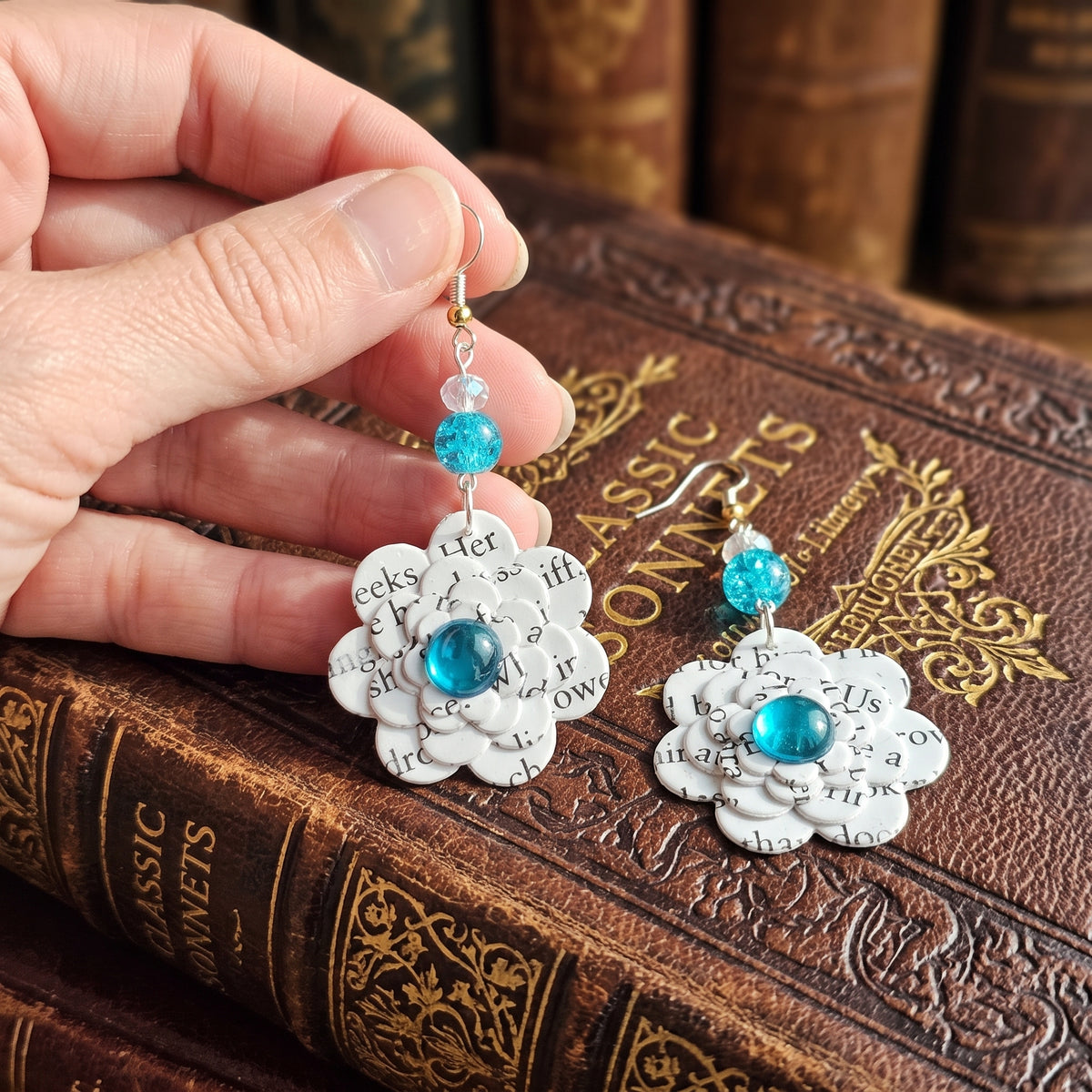 Upcycled Book Page Flower Earrings with Turquoise Glass Beads