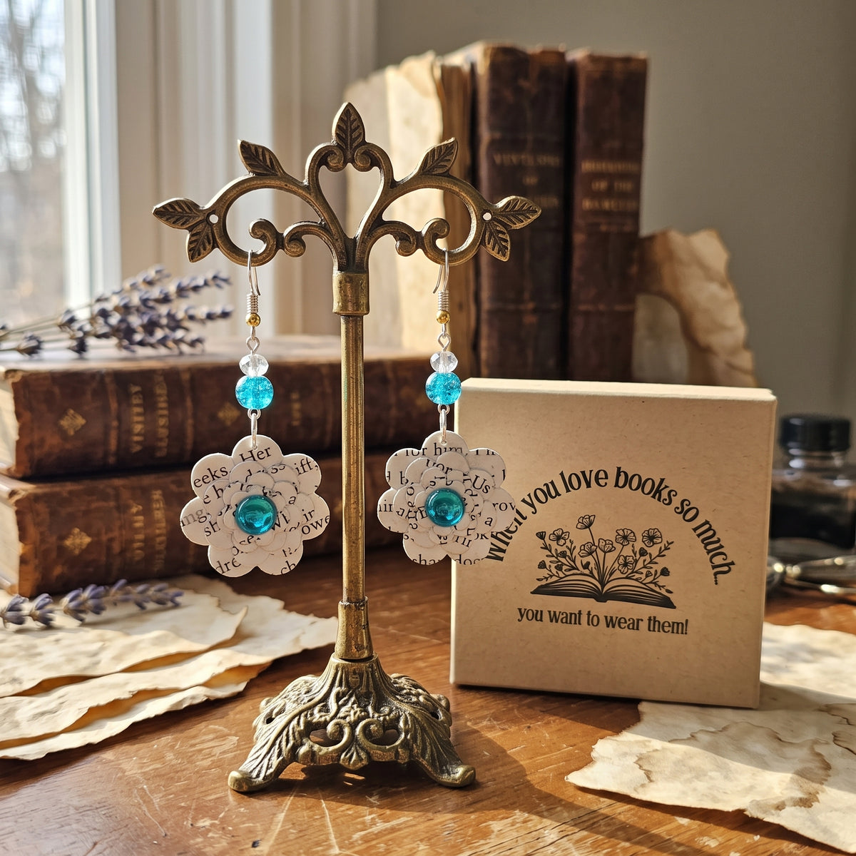 Upcycled Book Page Flower Earrings with Turquoise Glass Beads