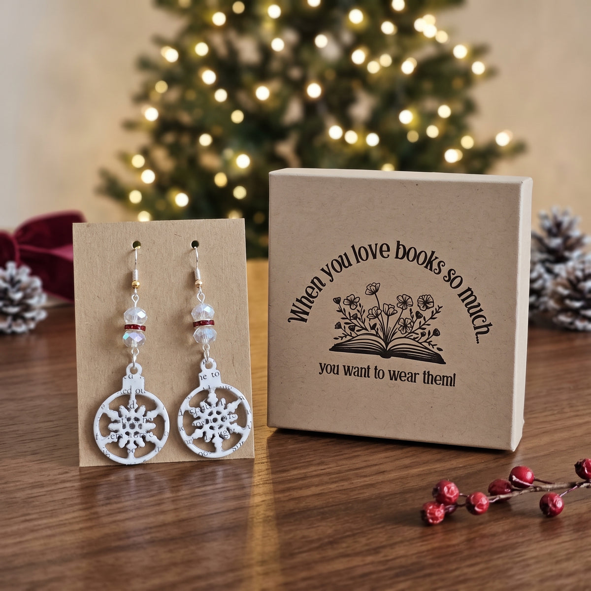 A Christmas Carol Snowflake Book Page Earrings with Glass Bead Accents