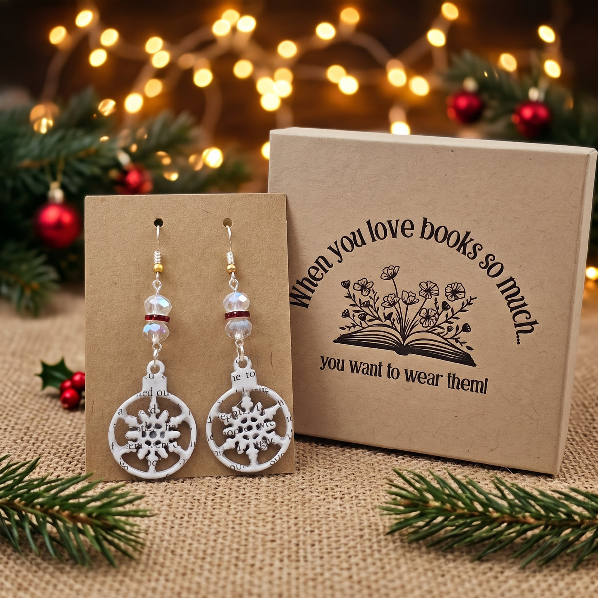 A Christmas Carol Snowflake Book Page Earrings with Glass Bead Accents