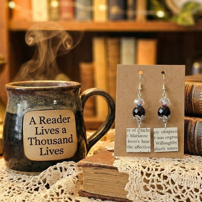 square book page earrings with black glass bead accent.