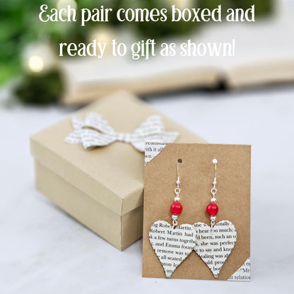 Heart Dangle Book Page Earrings with Red Jade Accent, Gift for Book Lovers, Teachers and Book Clubs