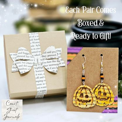 Pumpkin Book Page Dangle Earrings, Book Lover Gift Idea for Halloween