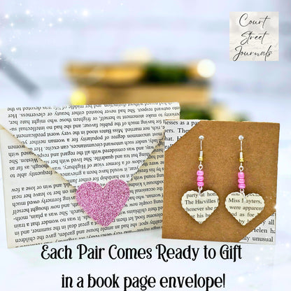 Heart Dangle Book Page Earrings for Book Lover, Teacher, 1st Anniversary or Book Club Gift