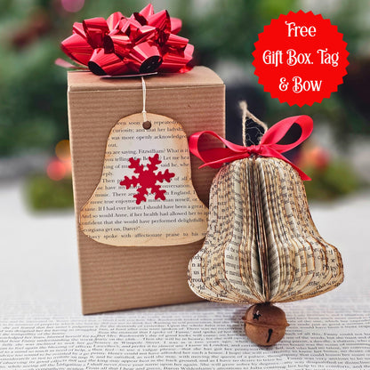 Bell Book Page Christmas Ornament for Book Club, Reader, Teacher Gift Exchange