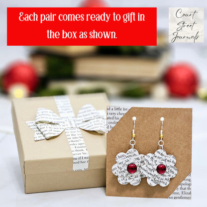 Flower Dangle Book Page Earrings with Red Accent