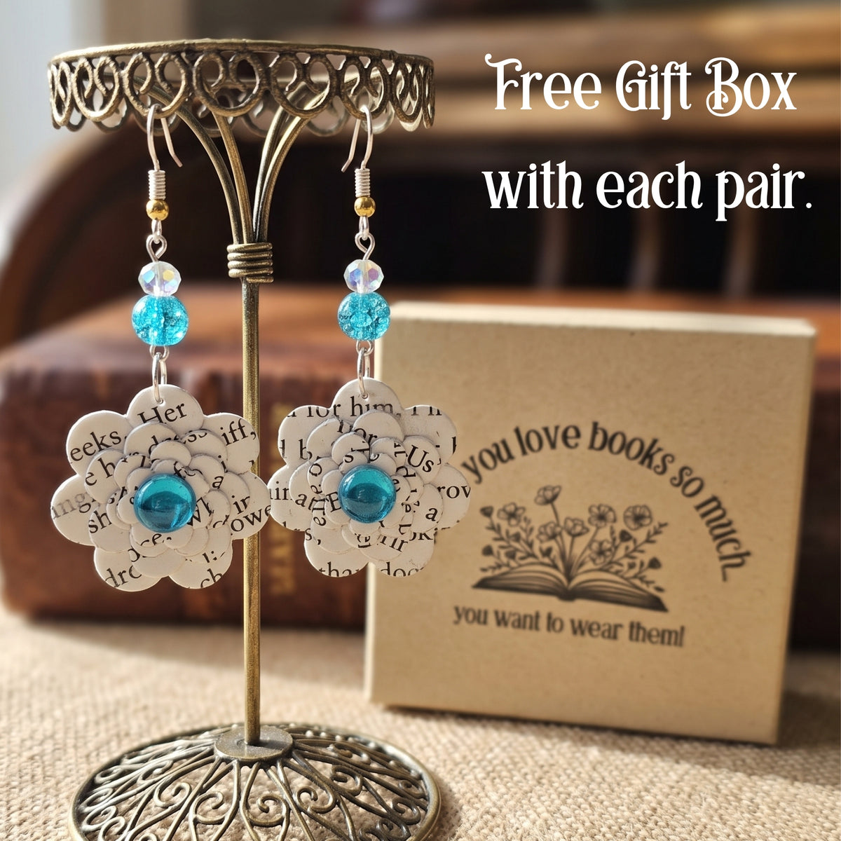 Upcycled Book Page Flower Earrings with Turquoise Glass Beads