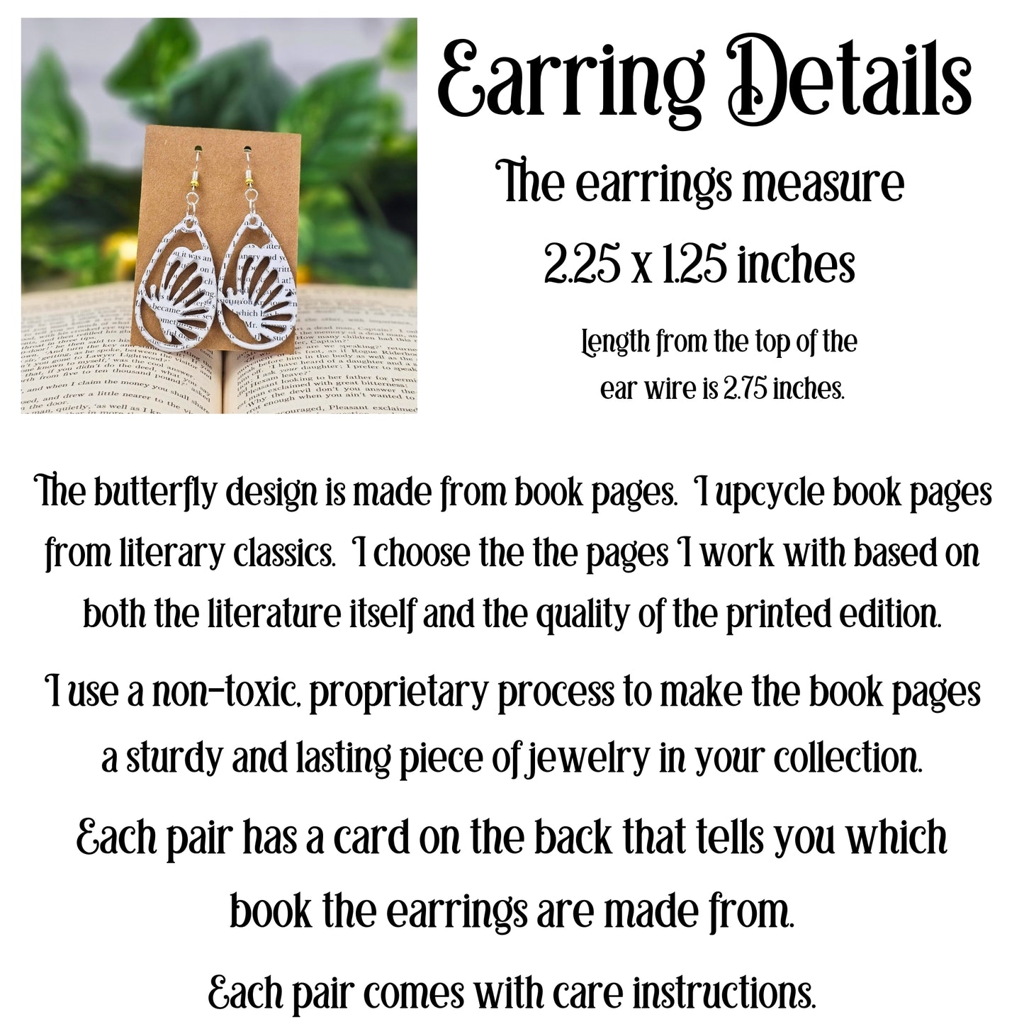The earrings measure 2.25 x 1.25 inches, upcycled from book pages