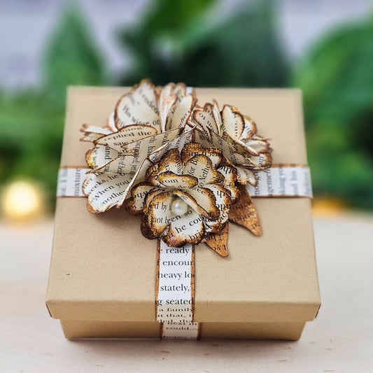 Book Page  themed gift box, paper roses made from book pages in a vintage style