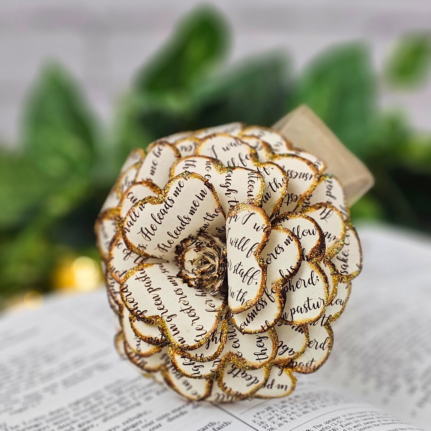 Vintage style paper rose with scripture verse on it.  Artisan made, forever flowers.