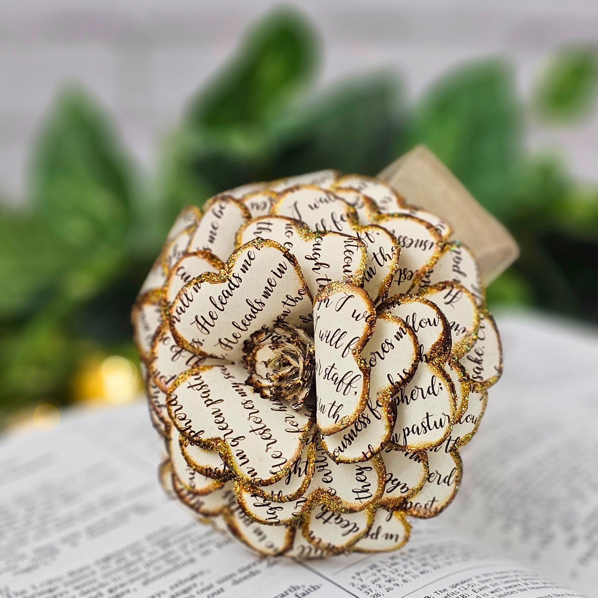 Vintage style paper rose with scripture verse on it.  Artisan made, forever flowers.