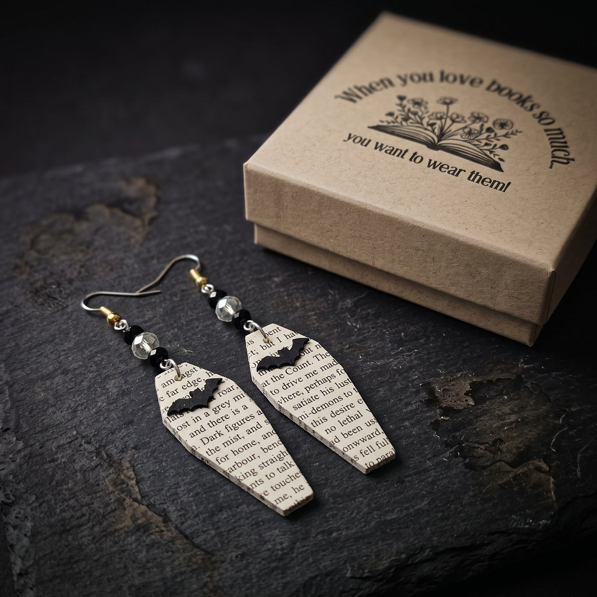 Coffin Book Page Earrings | Gothic Dark Academia Jewelry for Book Lovers