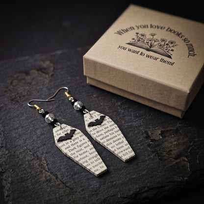 Coffin Book Page Earrings | Gothic Dark Academia Jewelry for Book Lovers